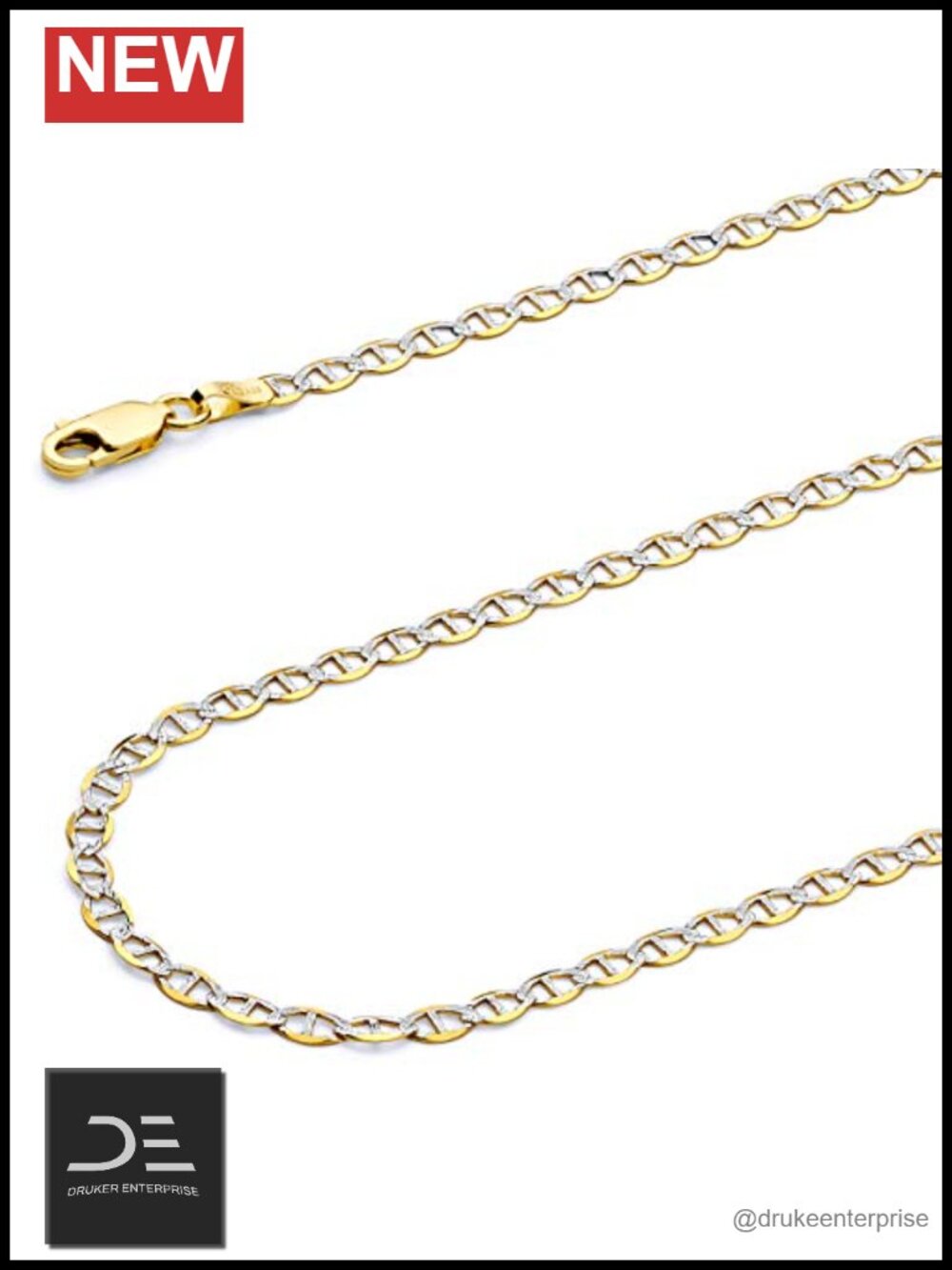14k Real Yellow Two Tone Gold Pave Mariner Chain Necklace 1.5mm Lobster Clasp